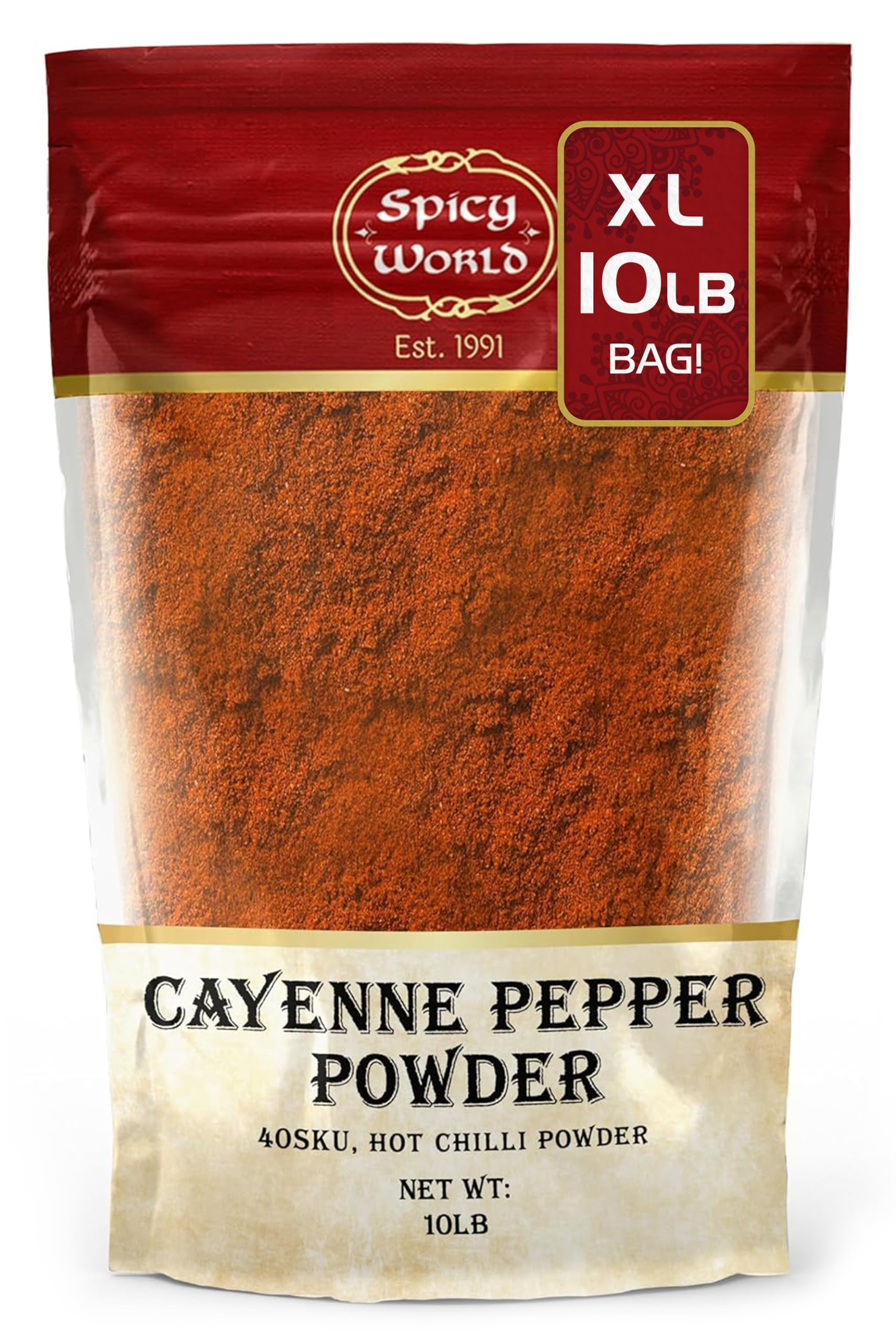 Spicy World front packaging showing 10 lb box and product name for bulk use