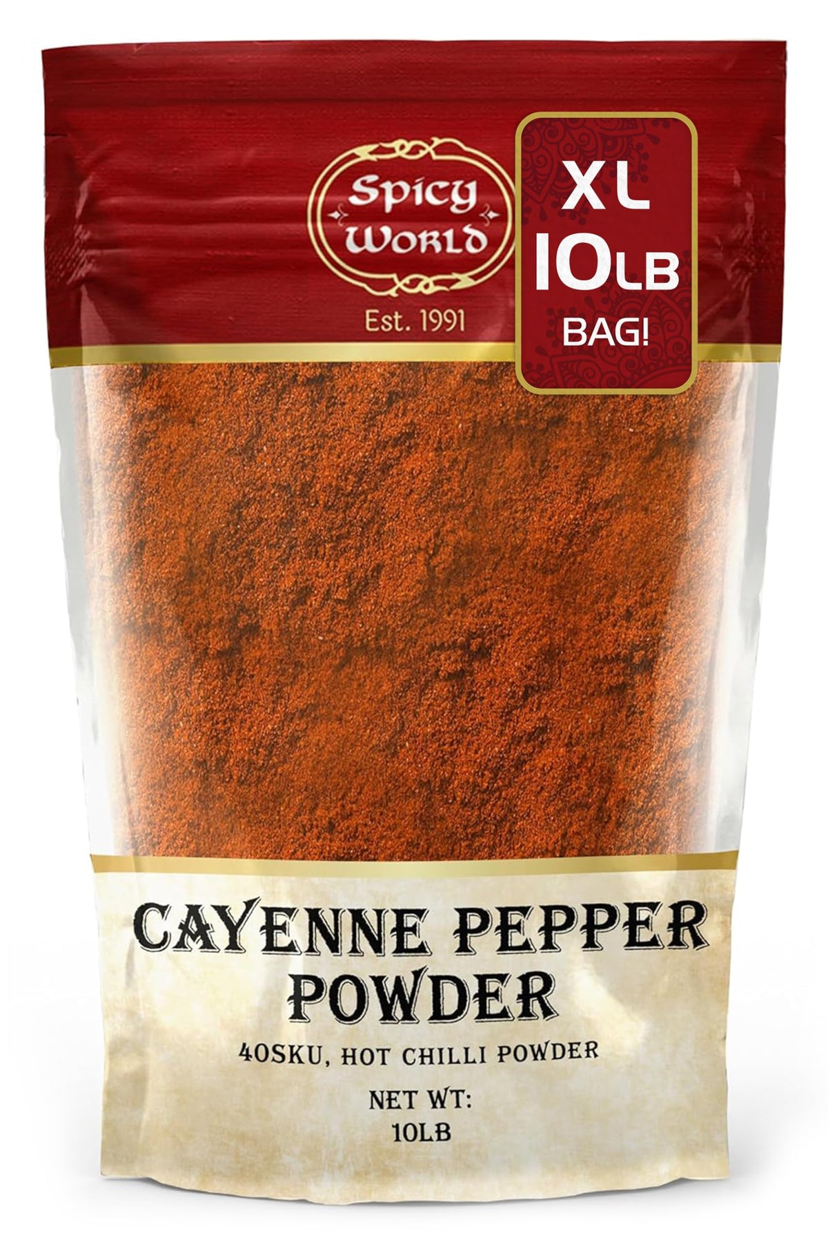 Spicy World front packaging showing 10 lb box and product name for bulk use