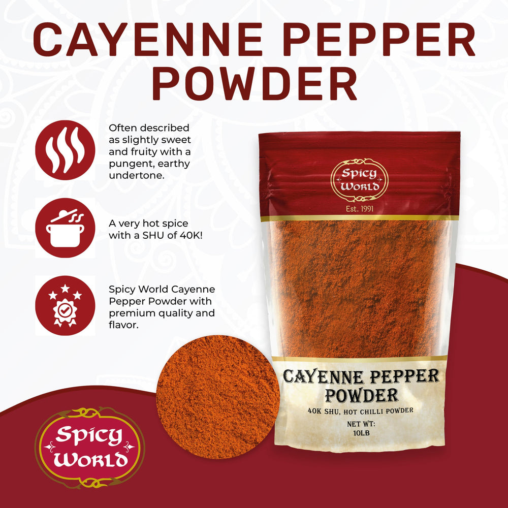 Spicy World close-up of finely ground cayenne powder showing bright red color