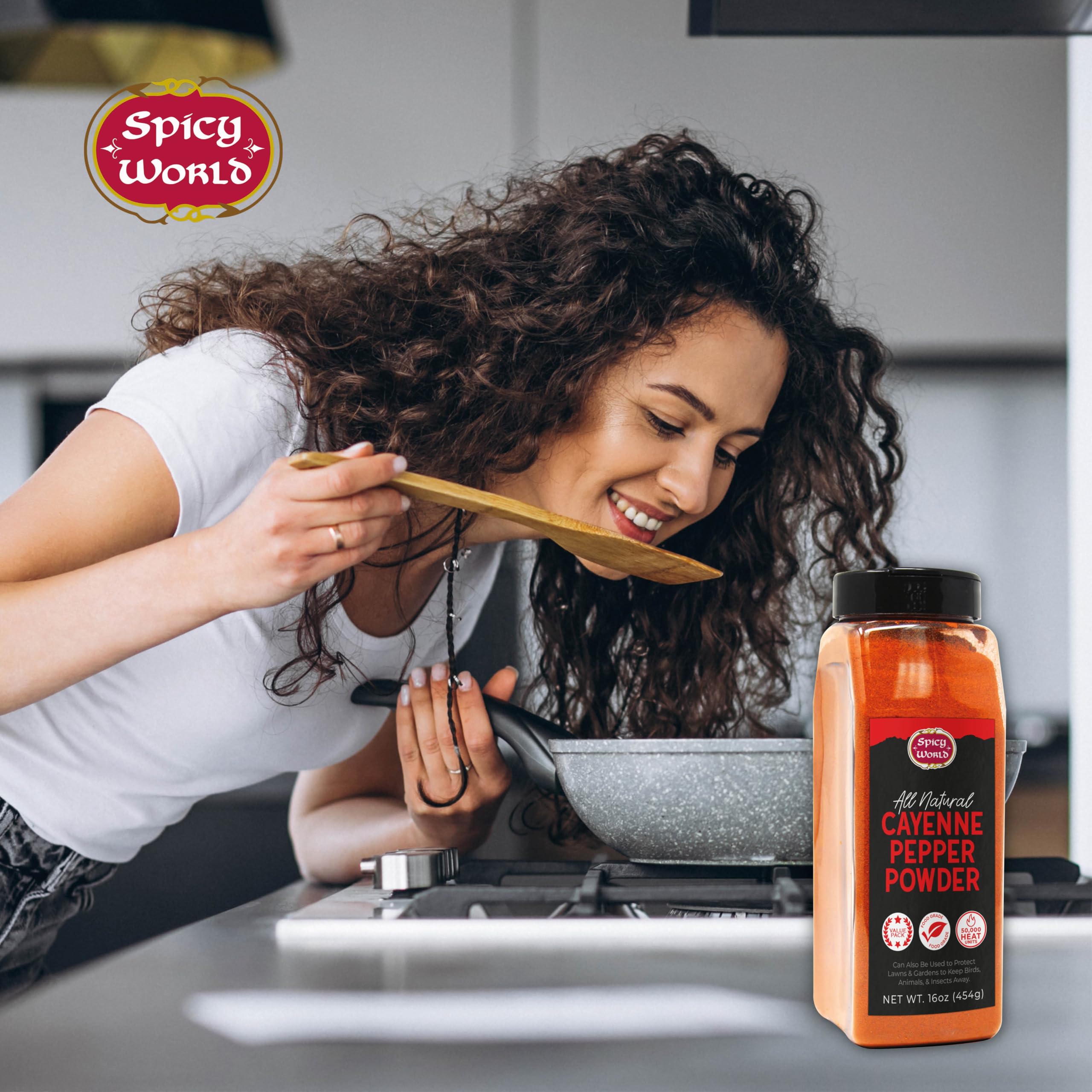 Spicy World jar next to measuring cup showing 16oz scale for portion planning