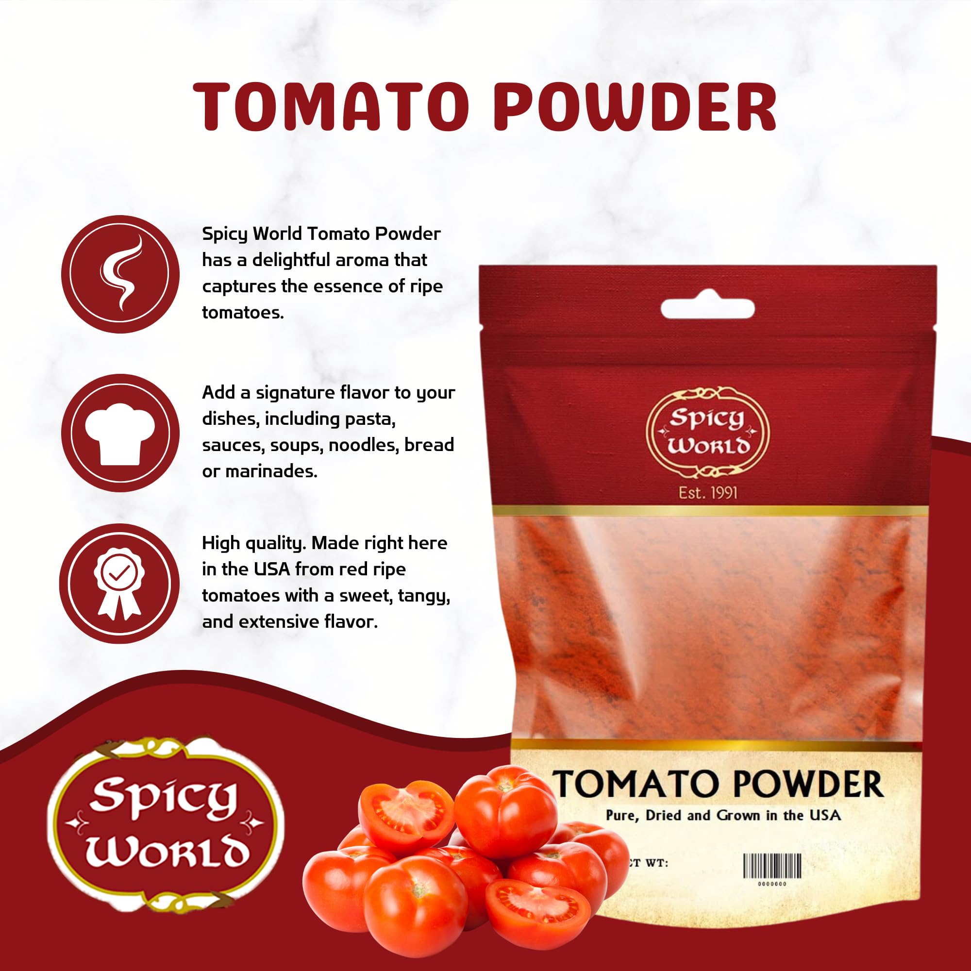 Spicy World close-up texture of tomato powder highlighting fine, uniform granules