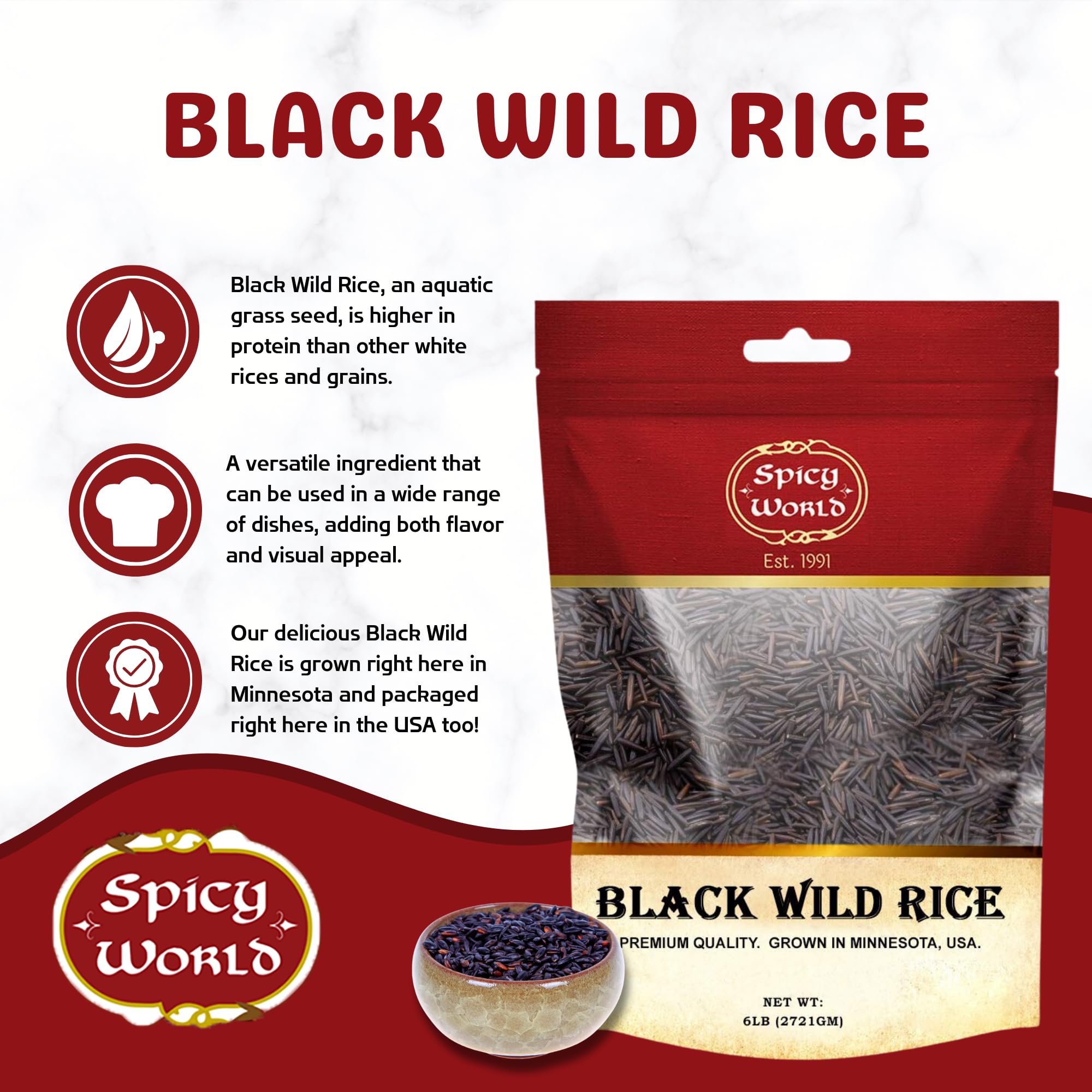 Spicy World close-up of long black wild rice grains highlighting texture