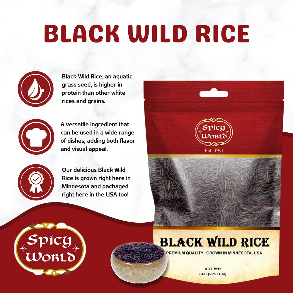 Spicy World close-up of long black wild rice grains highlighting texture