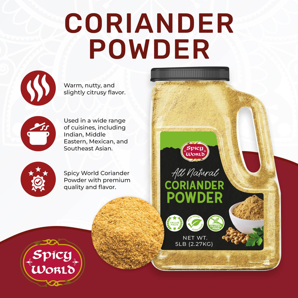 Close-up texture of Spicy World coriander powder highlighting fine grind and aroma