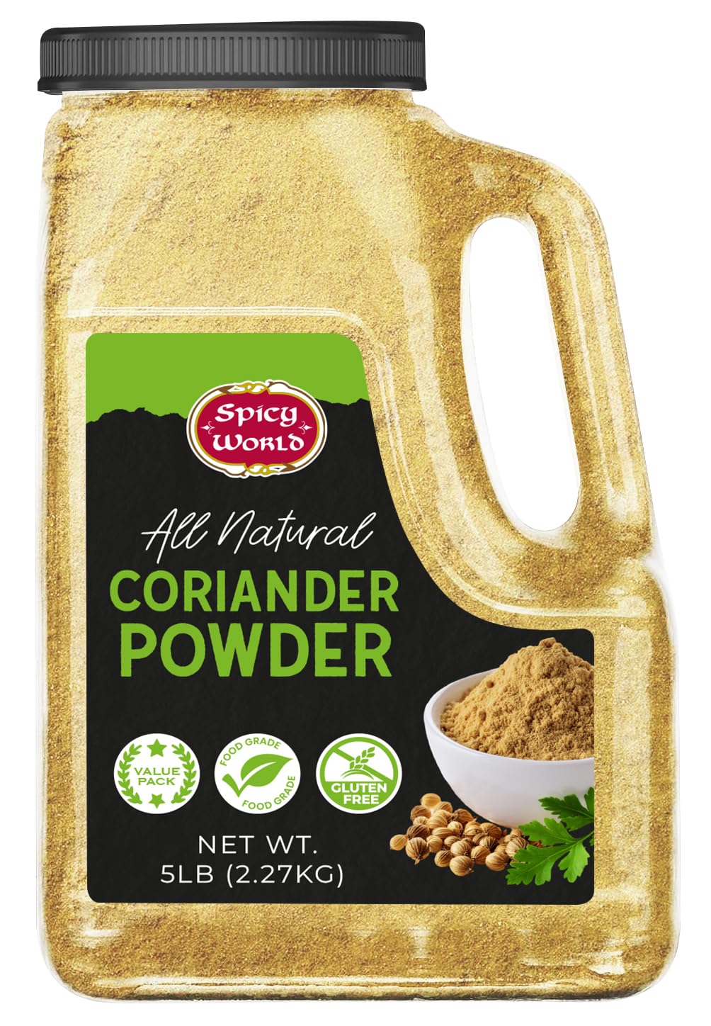 Spicy World coriander powder front jar view showing label and bulk size benefit