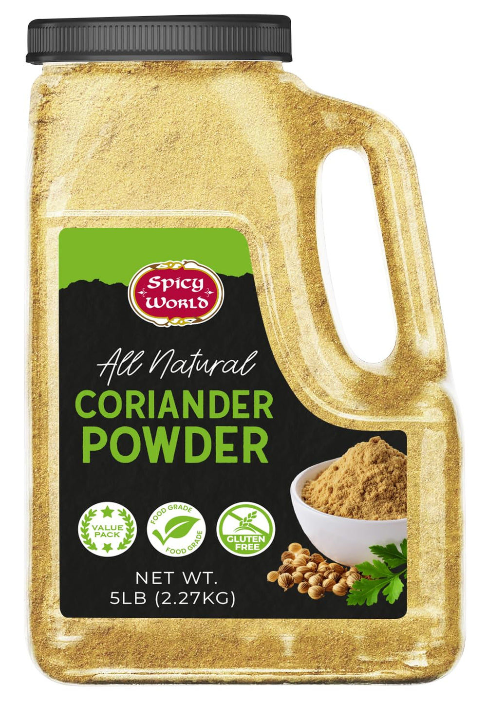 Spicy World coriander powder front jar view showing label and bulk size benefit