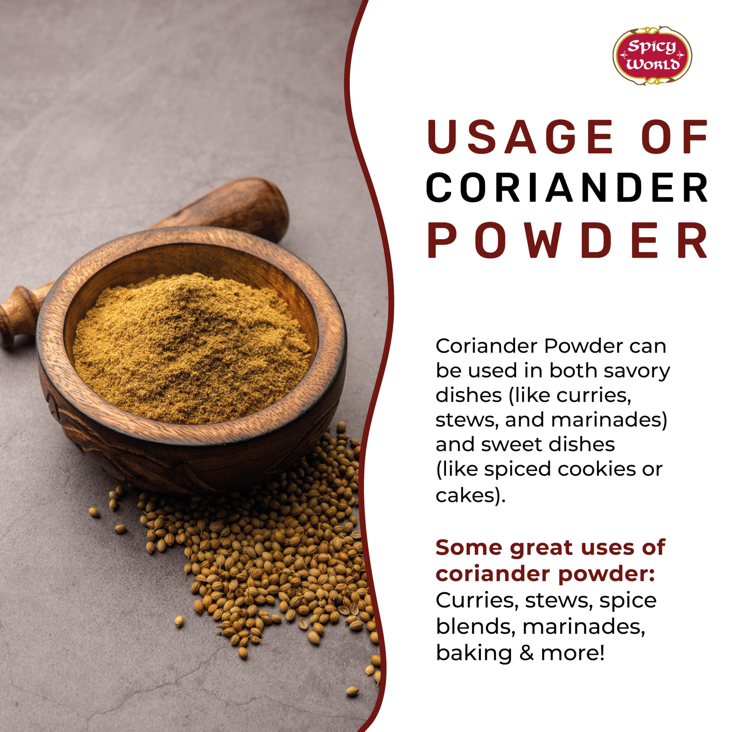 Bowl of Spicy World coriander powder beside whole coriander seeds showing quality