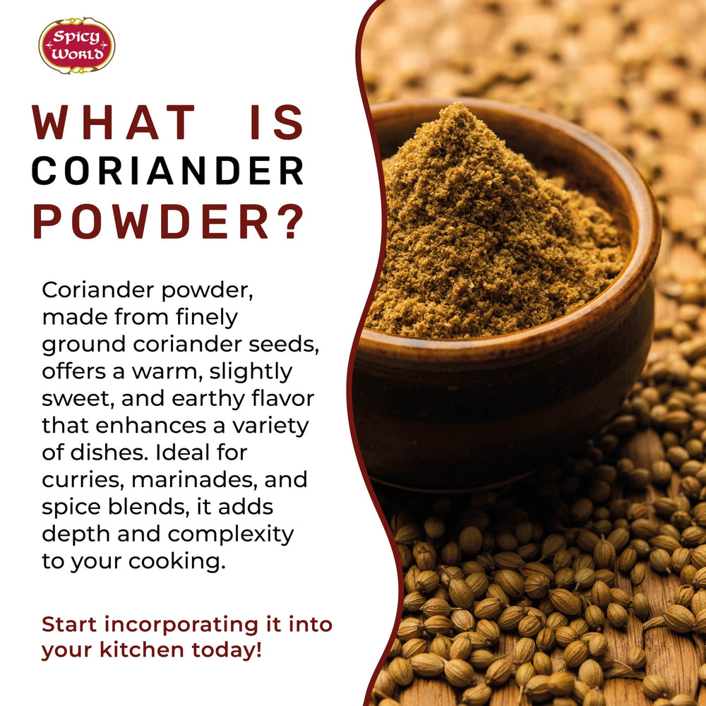 Measuring spoon of Spicy World coriander powder ready to add precise flavor