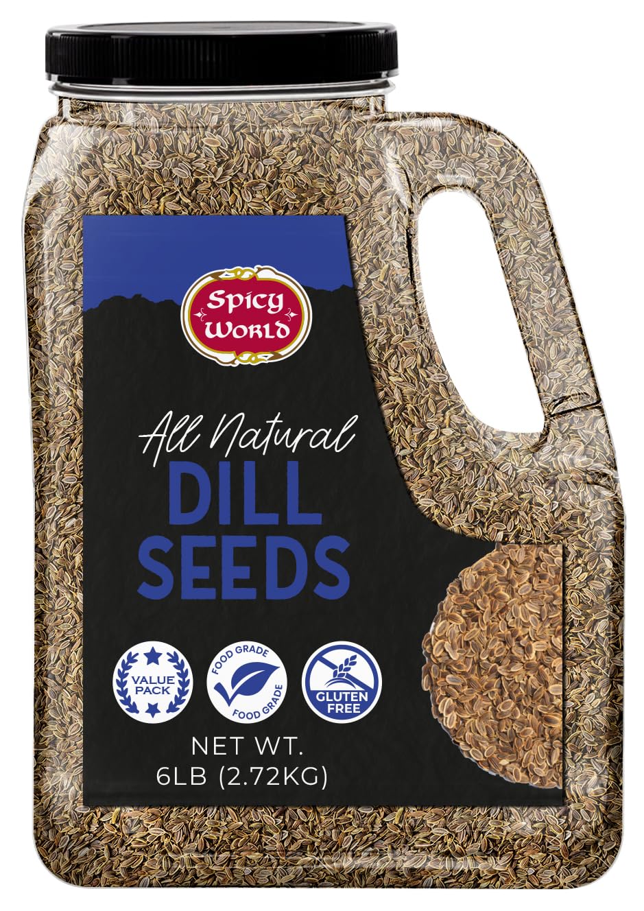 Spicy World front jar view showing bulk dill seeds and value