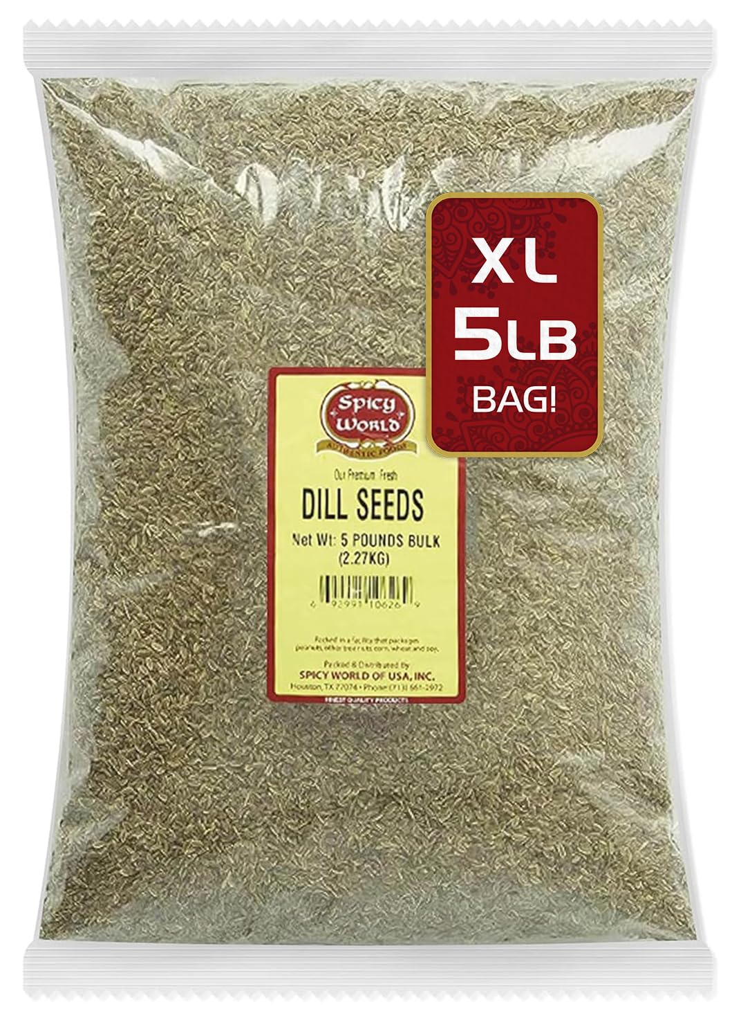 Spicy World front packaging showing 5 pound bulk sack and brand benefits