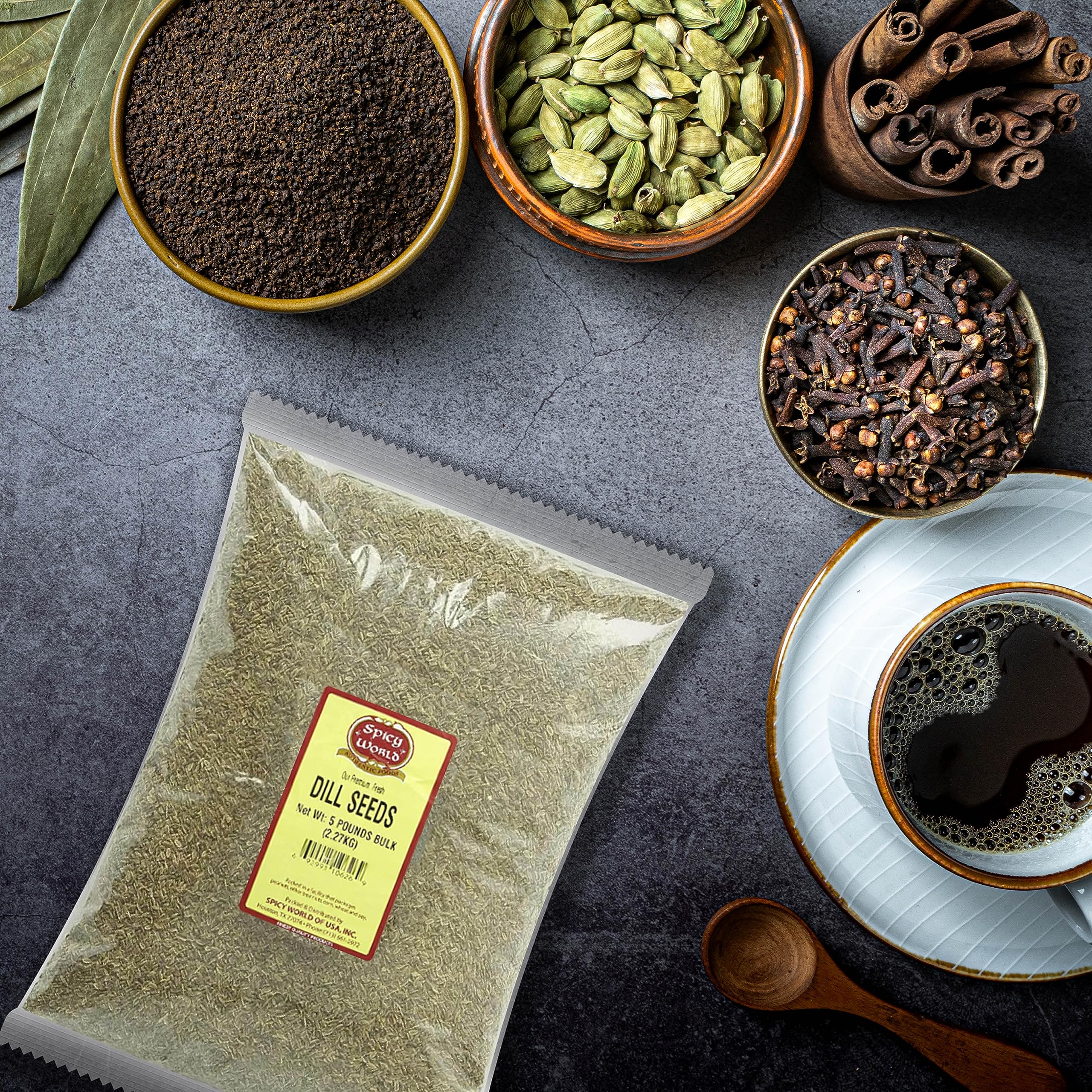 Spicy World label detail showing Suva grade and five pound weight information