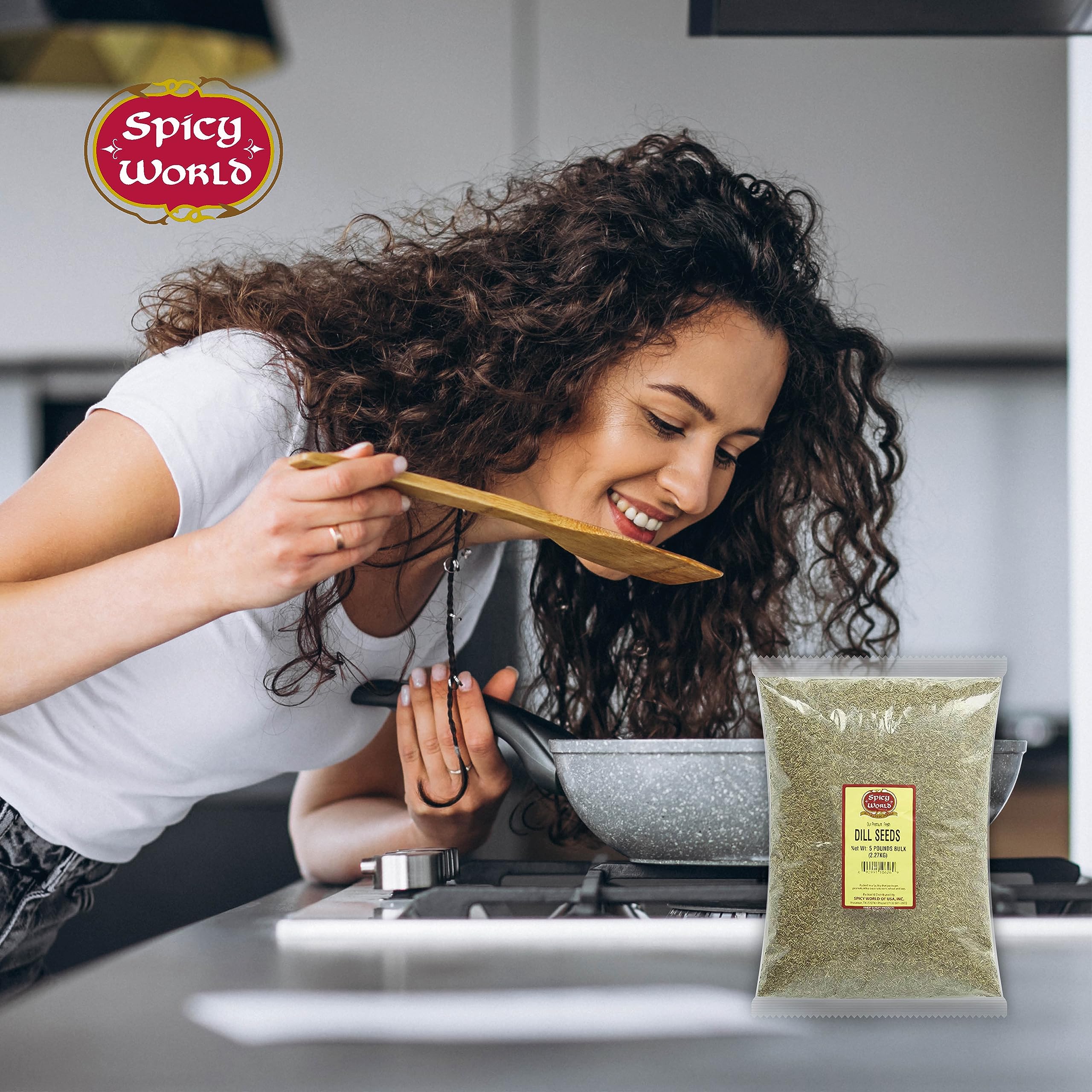 Spicy World dill seeds beside measuring spoon illustrating portion control