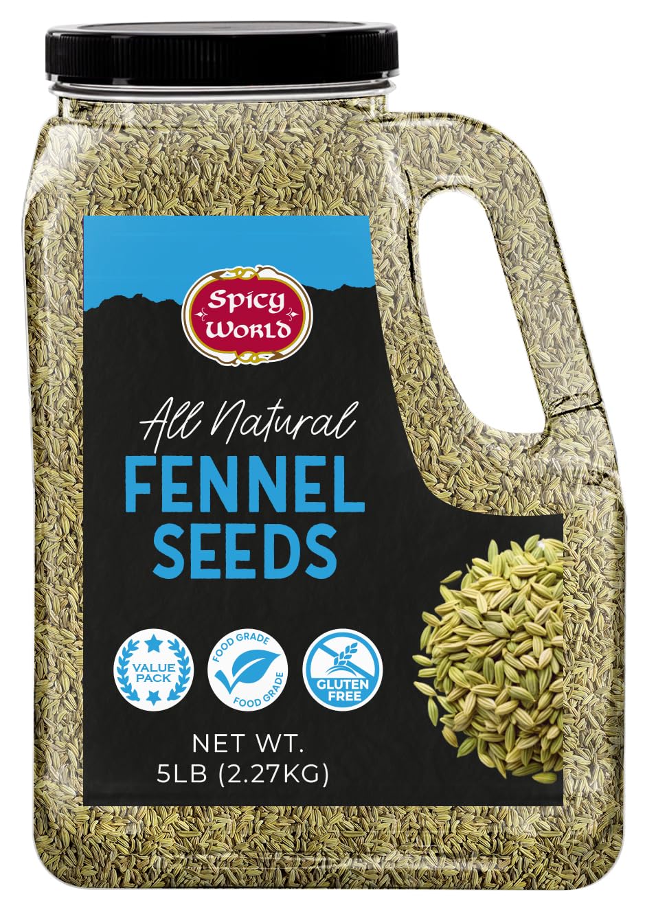 Spicy World front jar showing 5 lb fennel seeds and airtight benefit
