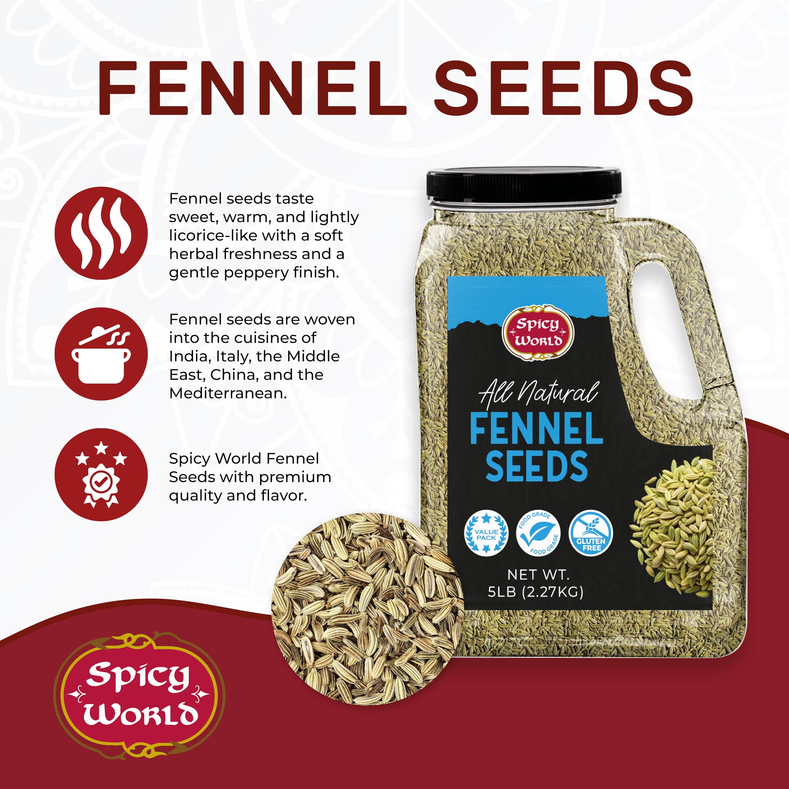 Spicy World scoop of fennel seeds showing scale and bulk convenience
