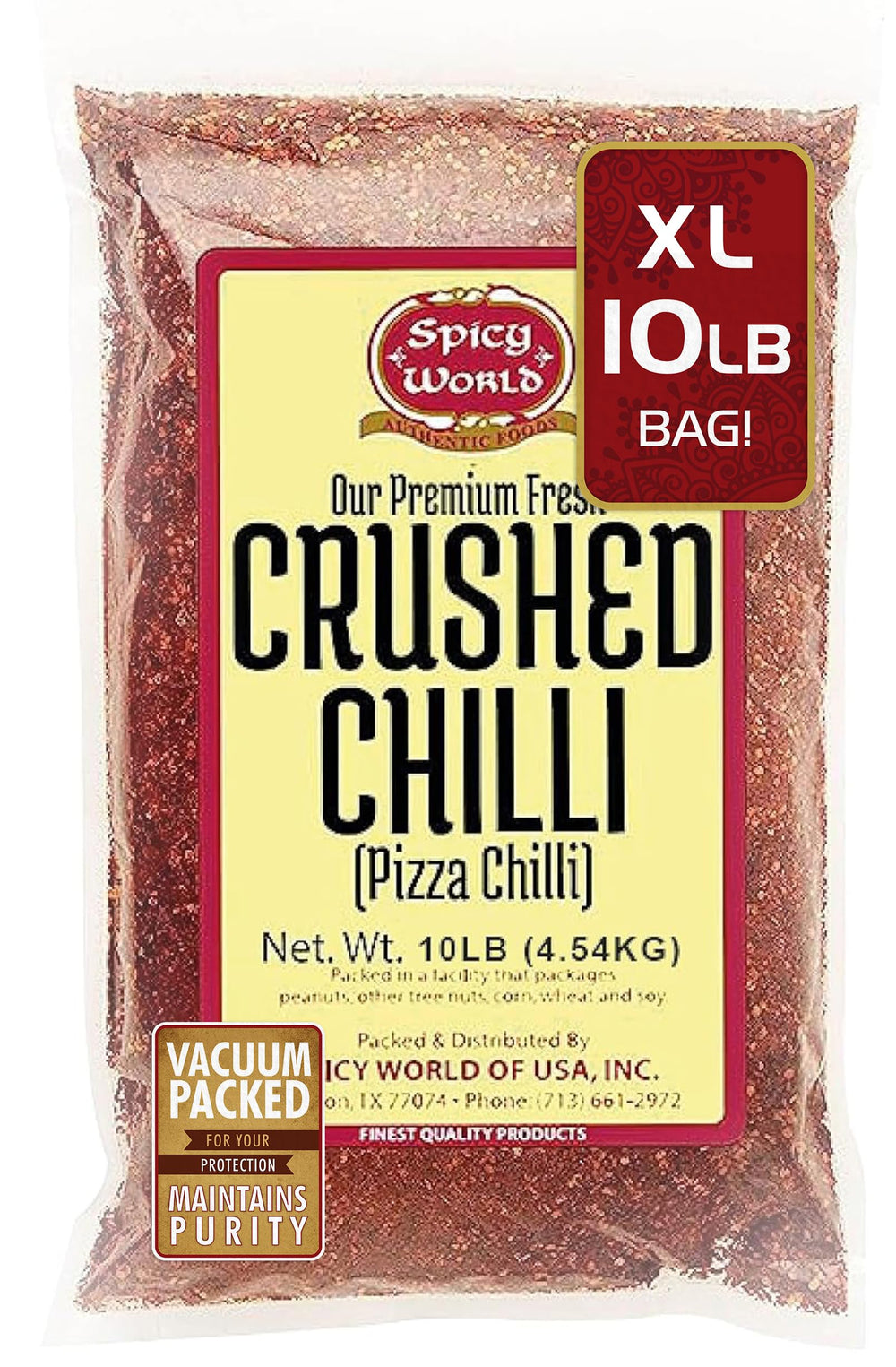 Spicy World front packaging showing 10 lb bag and clear label for bulk use