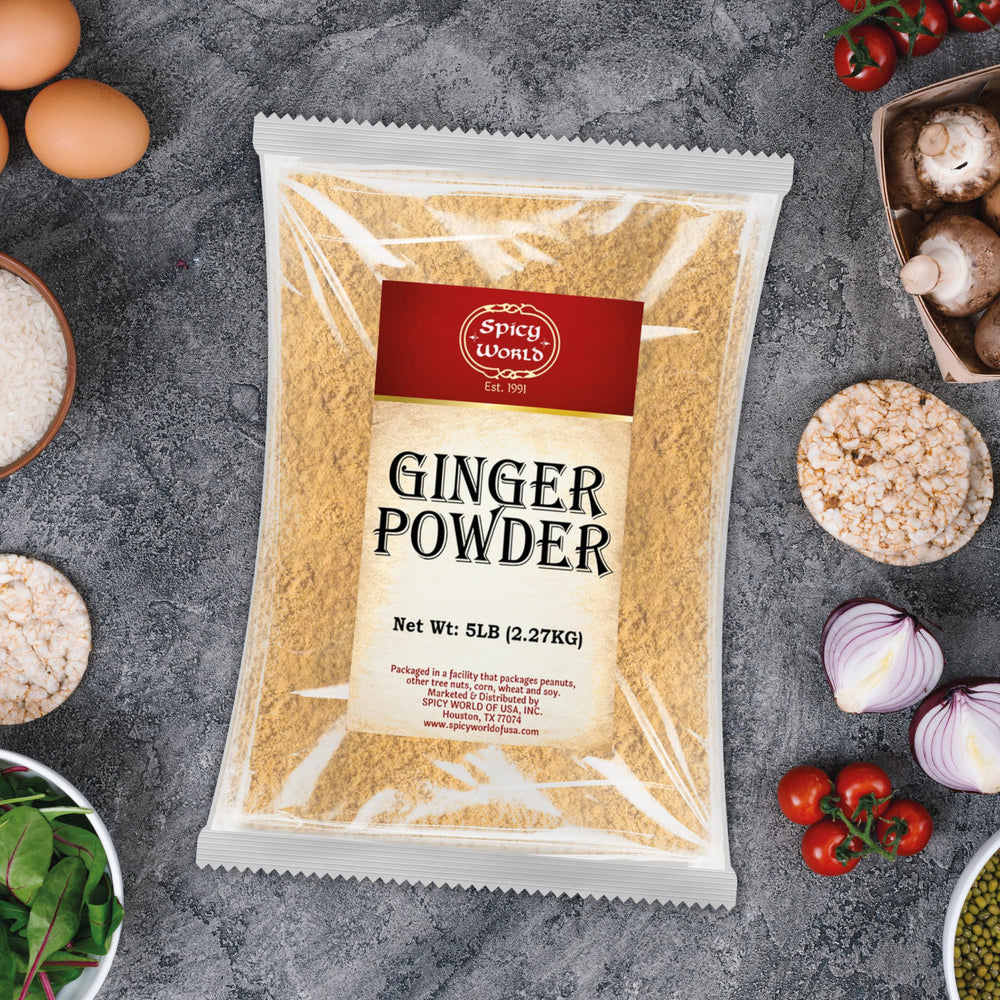 Spicy World 5-pound bag beside a kitchen scale showing volume and value per pound