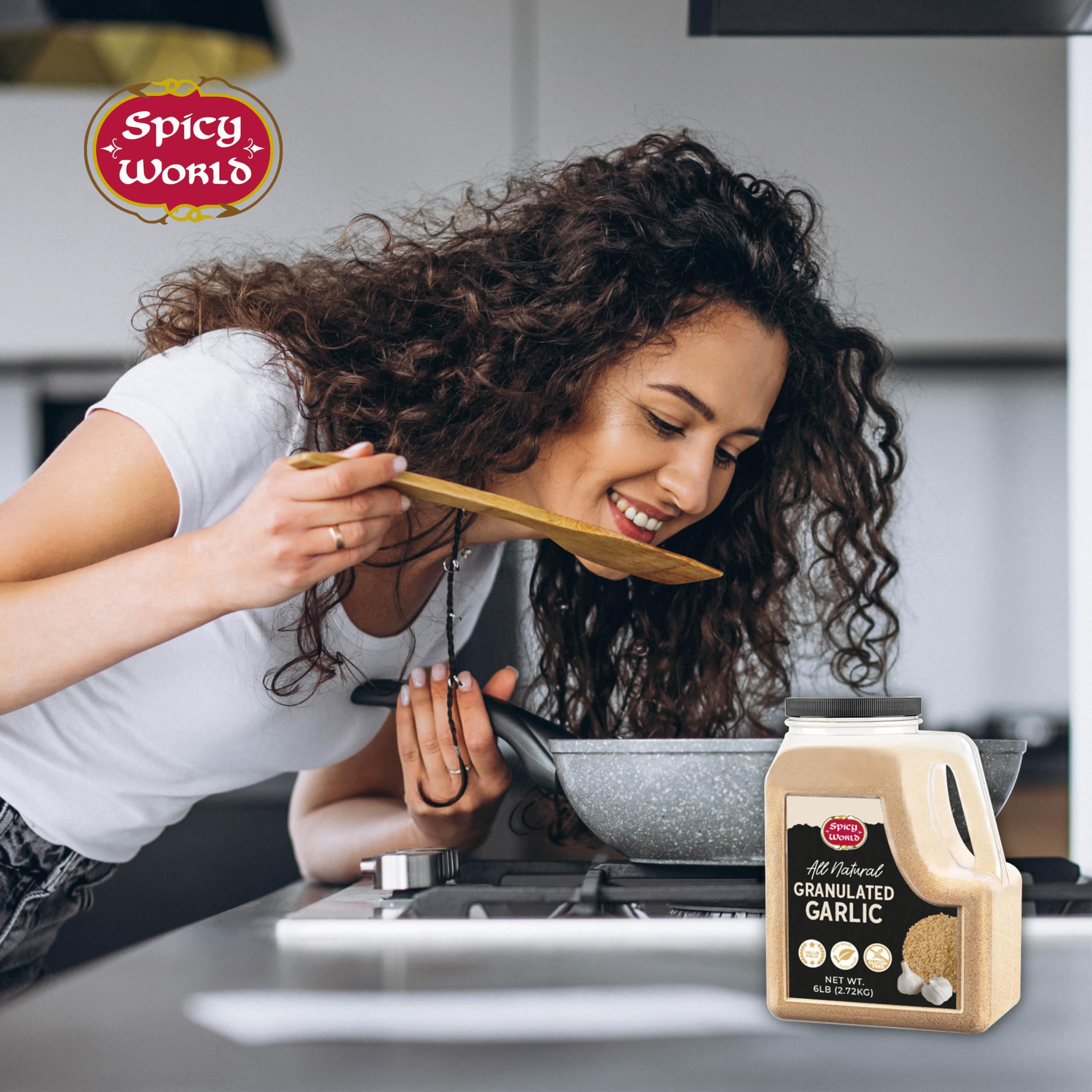 Bowl of soup sprinkled with Spicy World granulated garlic, enhances cooked dishes easily