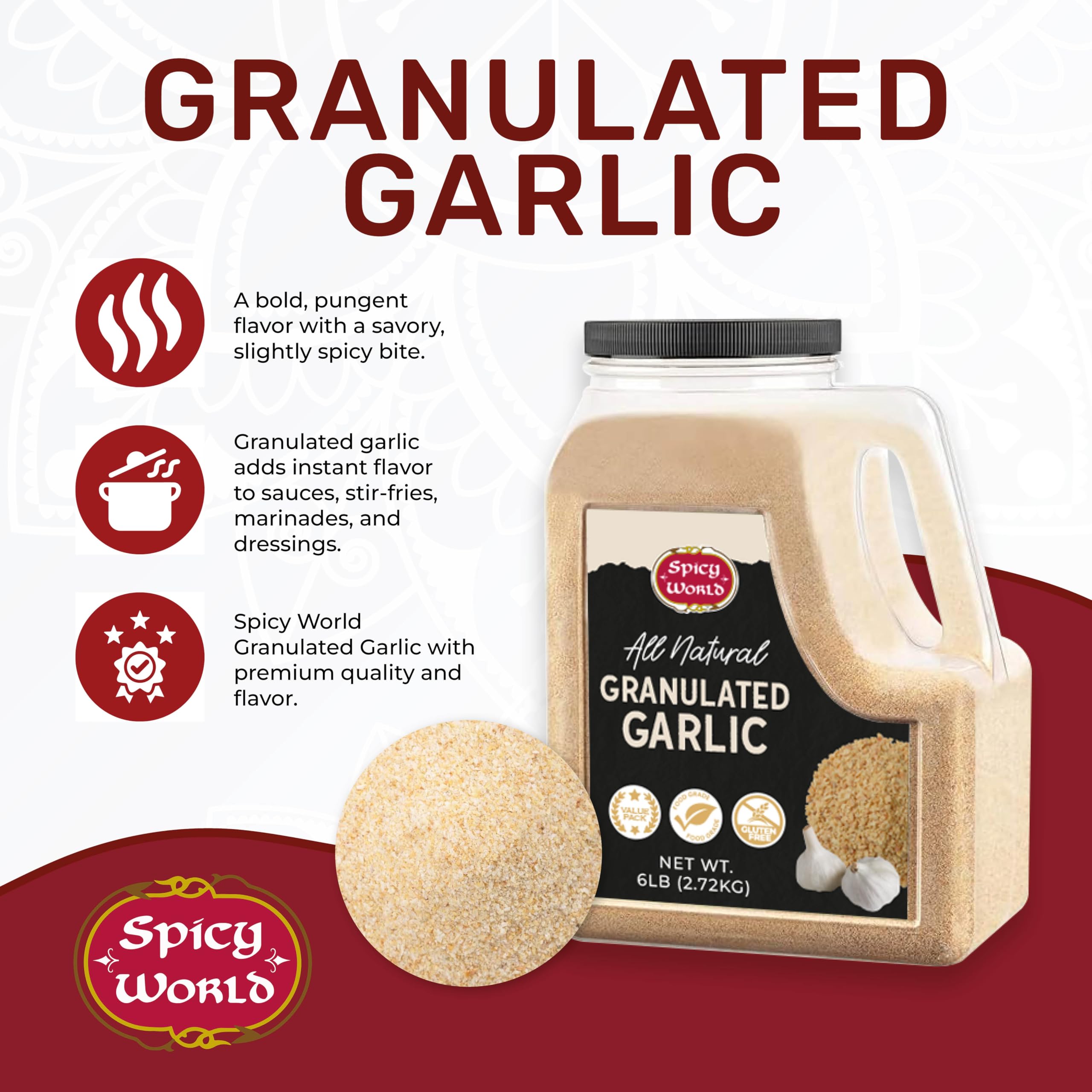 Close-up of Spicy World granulated garlic granules, visible texture for rubs and blends