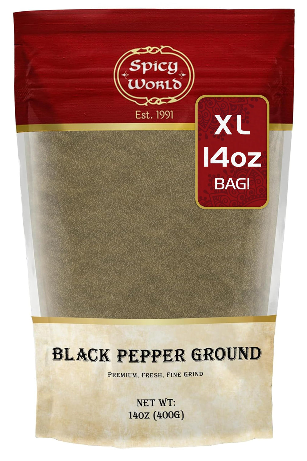 Spicy World front packaging showing 14-ounce jar and clear label for easy pantry recognition