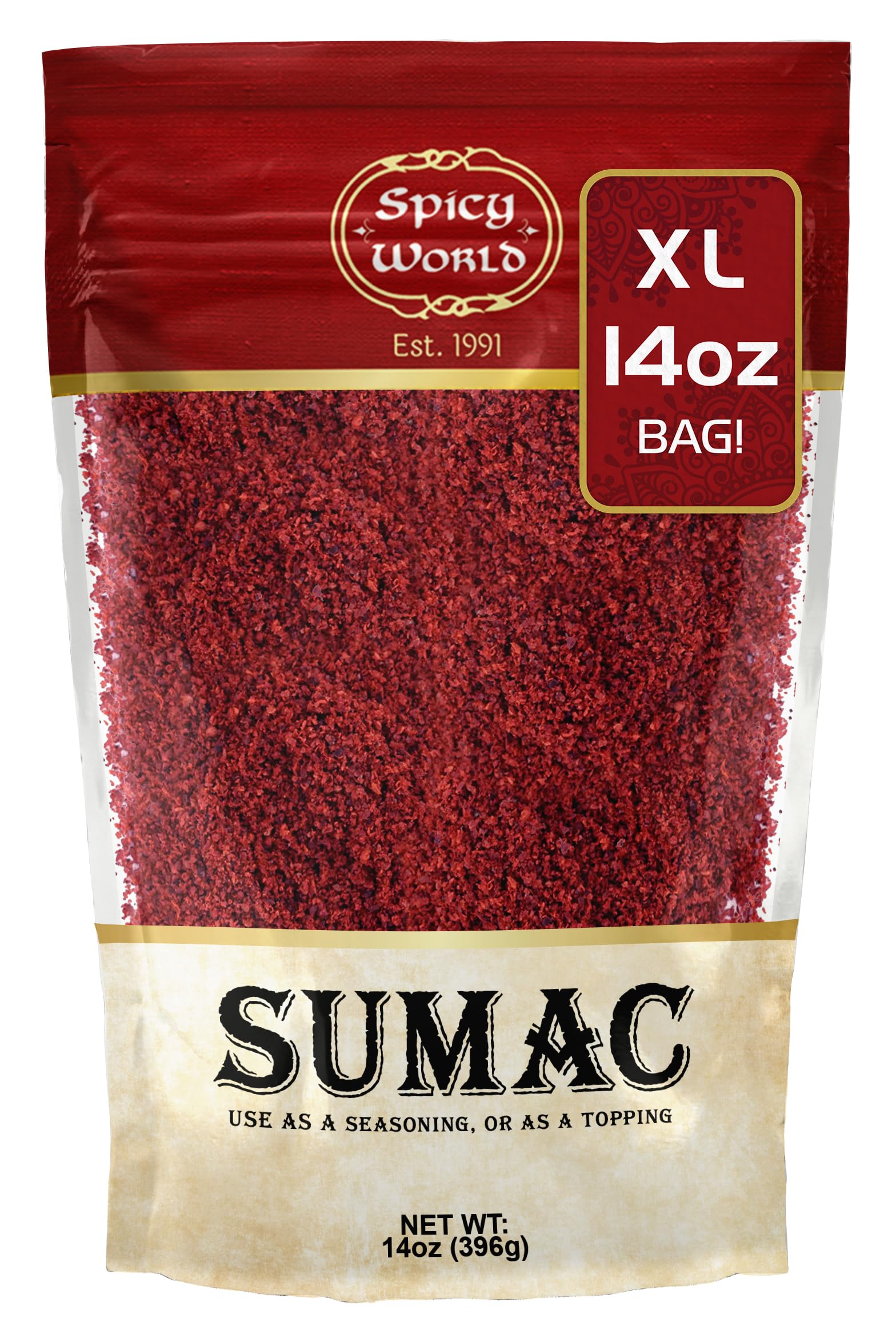 Spicy World front packaging showing 14 oz sumac bag for bright lemony flavor