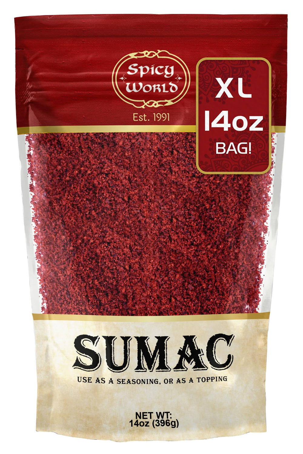Spicy World front packaging showing 14 oz sumac bag for bright lemony flavor