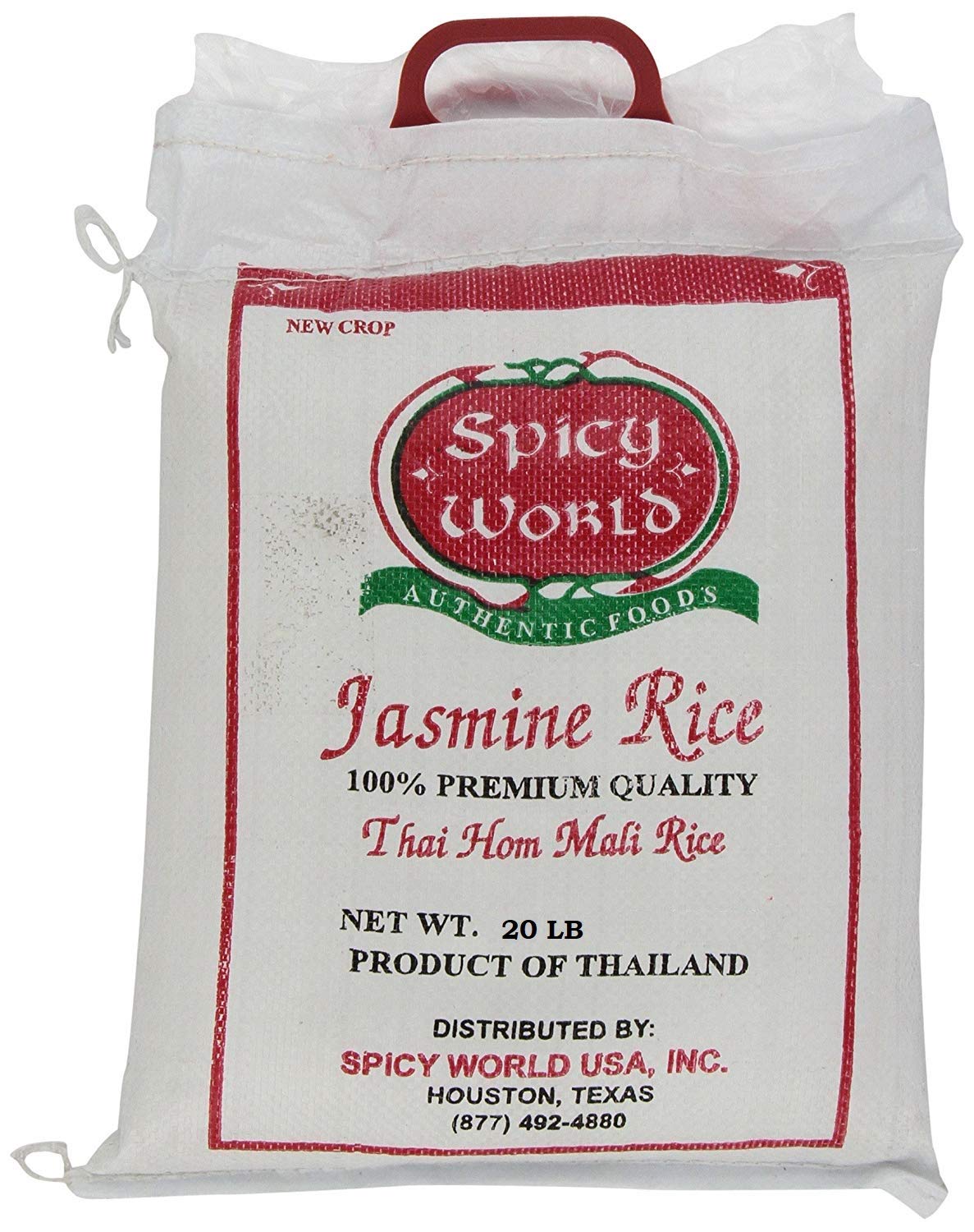 Spicy World bag front view showing branding and aromatic jasmine rice benefits