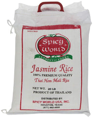 Spicy World bag front view showing branding and aromatic jasmine rice benefits
