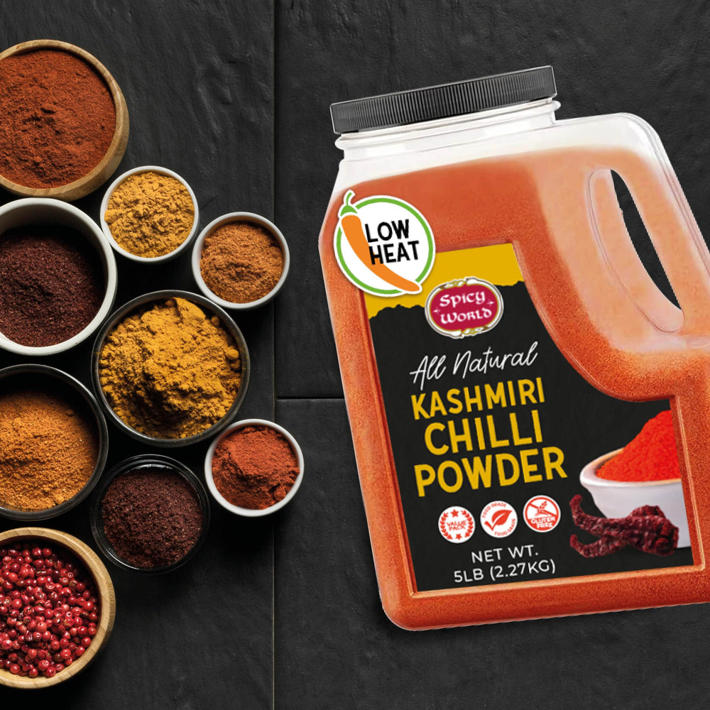 Spicy World jar beside measuring scale highlighting 5 lb bulk value
