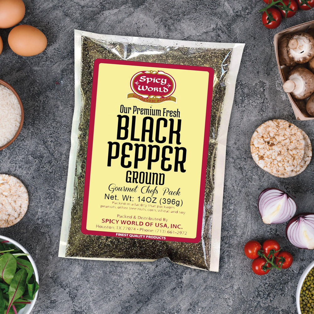 Spicy World product label and ingredient panel showing premium peppercorns