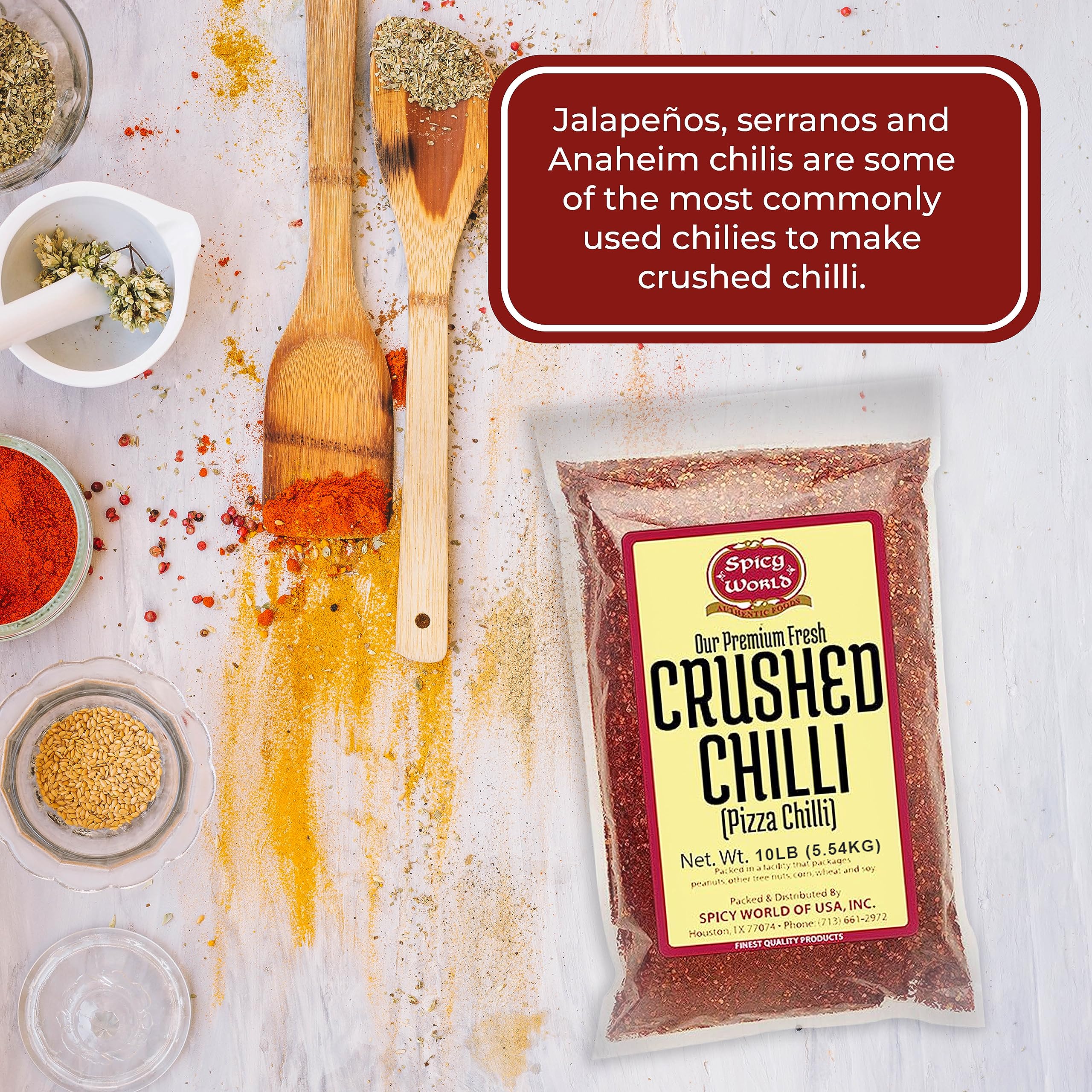 Spicy World flakes in a kitchen scene showing quick seasoning during meal prep