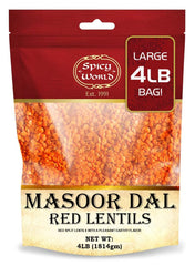Spicy World front packaging of 4 lb masoor dal showing resealable bag and brand, convenient storage