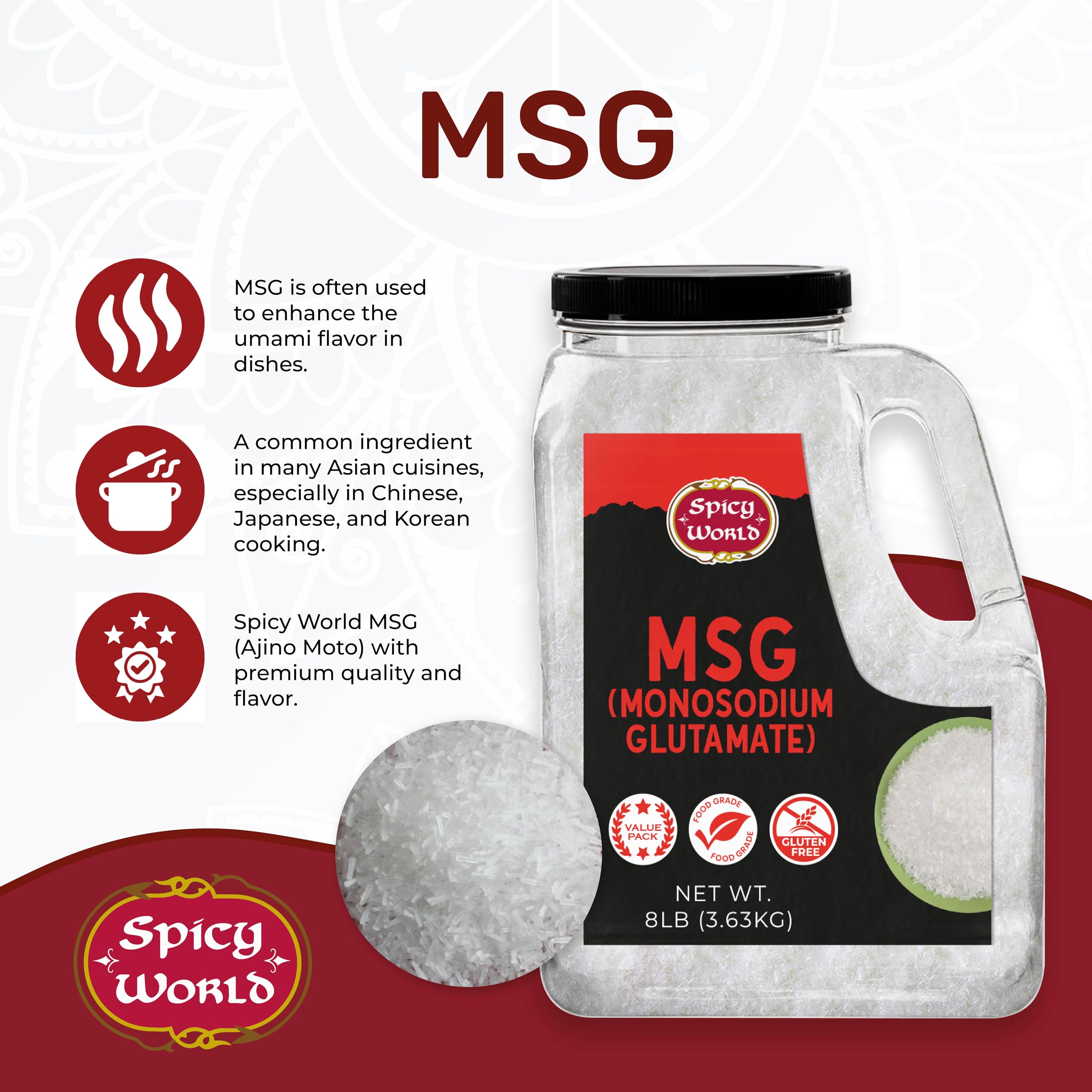 Spicy World fine MSG crystals close-up showing smooth texture and fast dissolving