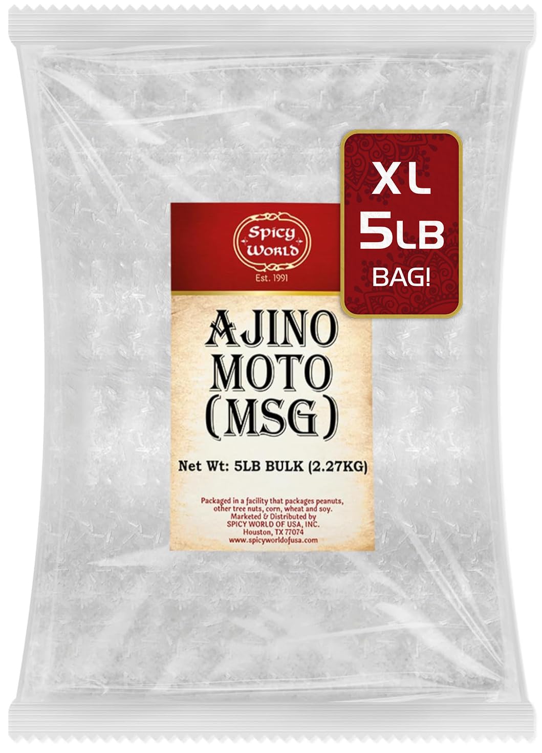 Spicy World MSG front of bag showing packaging and bulk size benefit