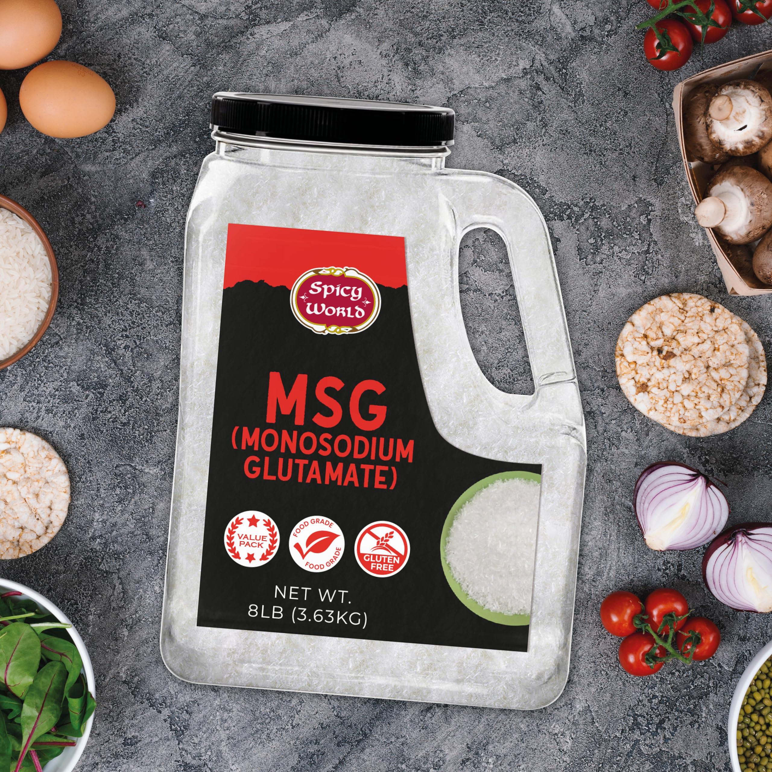 Spicy World container on kitchen counter demonstrating bulk supply convenience