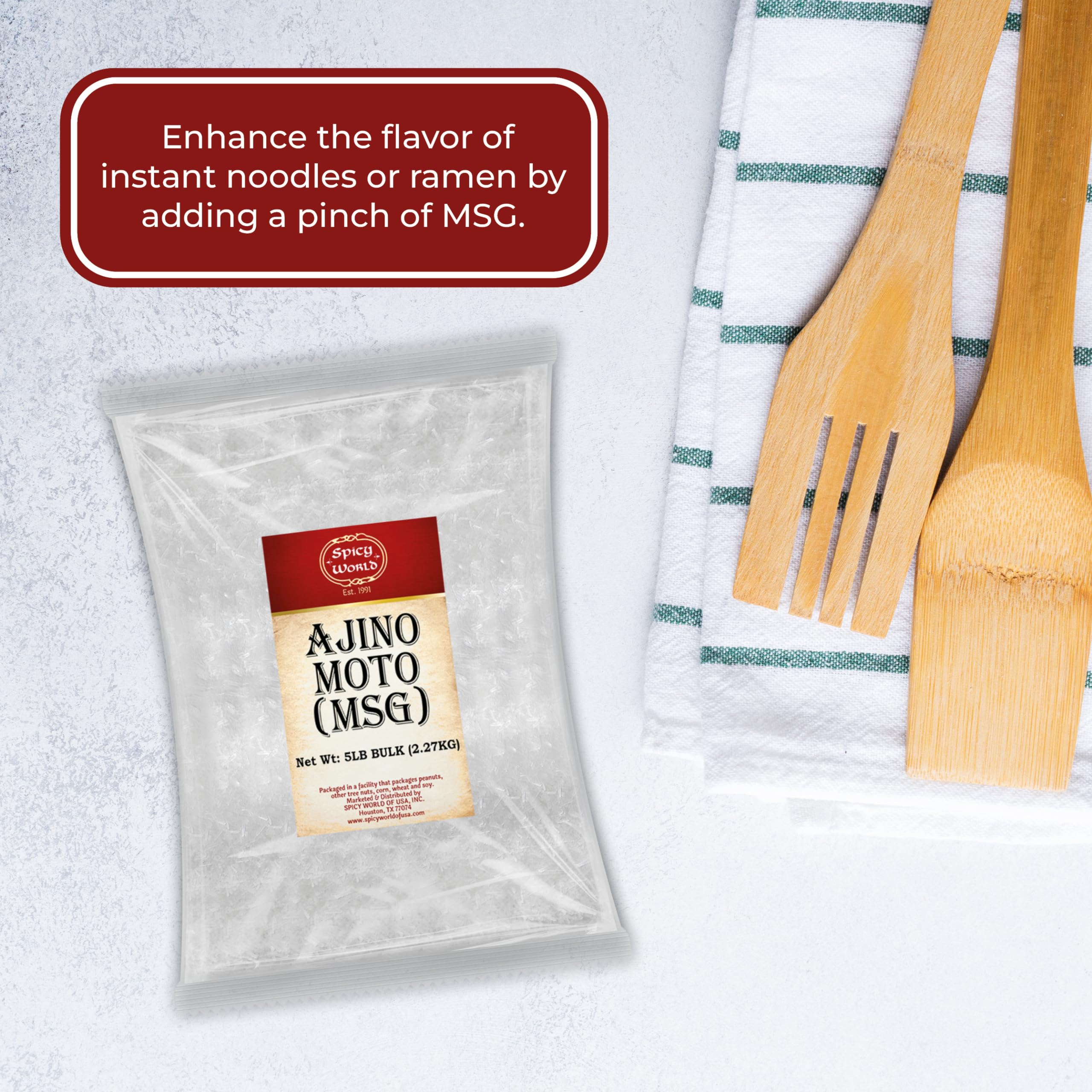 Spicy World MSG stored in a kitchen jar for convenient everyday access