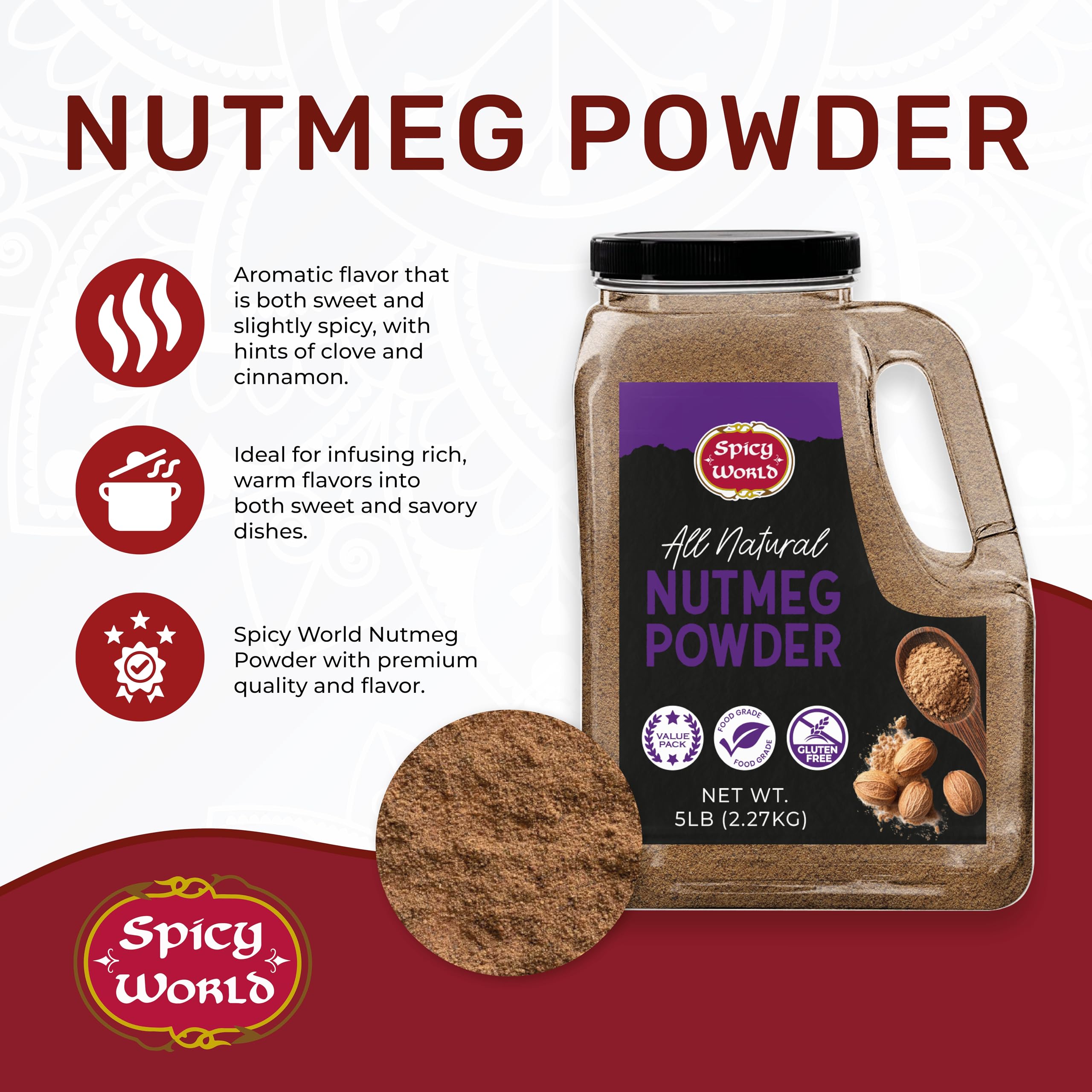 Close-up of Spicy World nutmeg powder texture, showing fine grind and aromatic oils for richer flavor