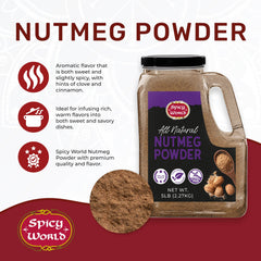 Close-up of Spicy World nutmeg powder texture, showing fine grind and aromatic oils for richer flavor