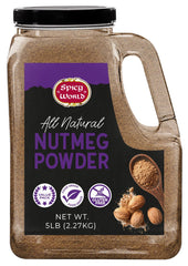 Spicy World jar front packaging showing 5 lb nutmeg, clear labeling and resealable lid benefits freshness