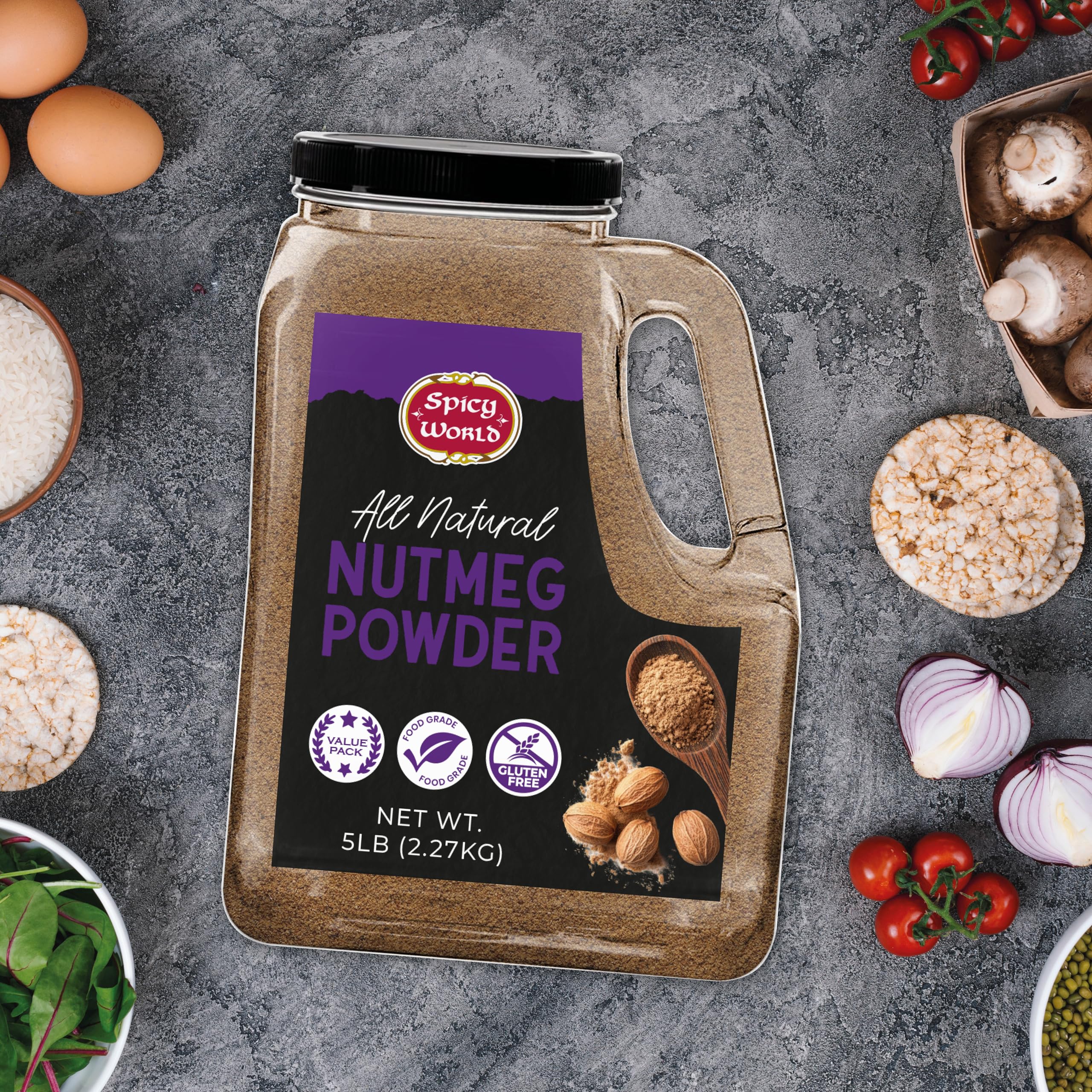 Label close-up of Spicy World nutmeg jar, displaying ingredient purity and additive-free quality