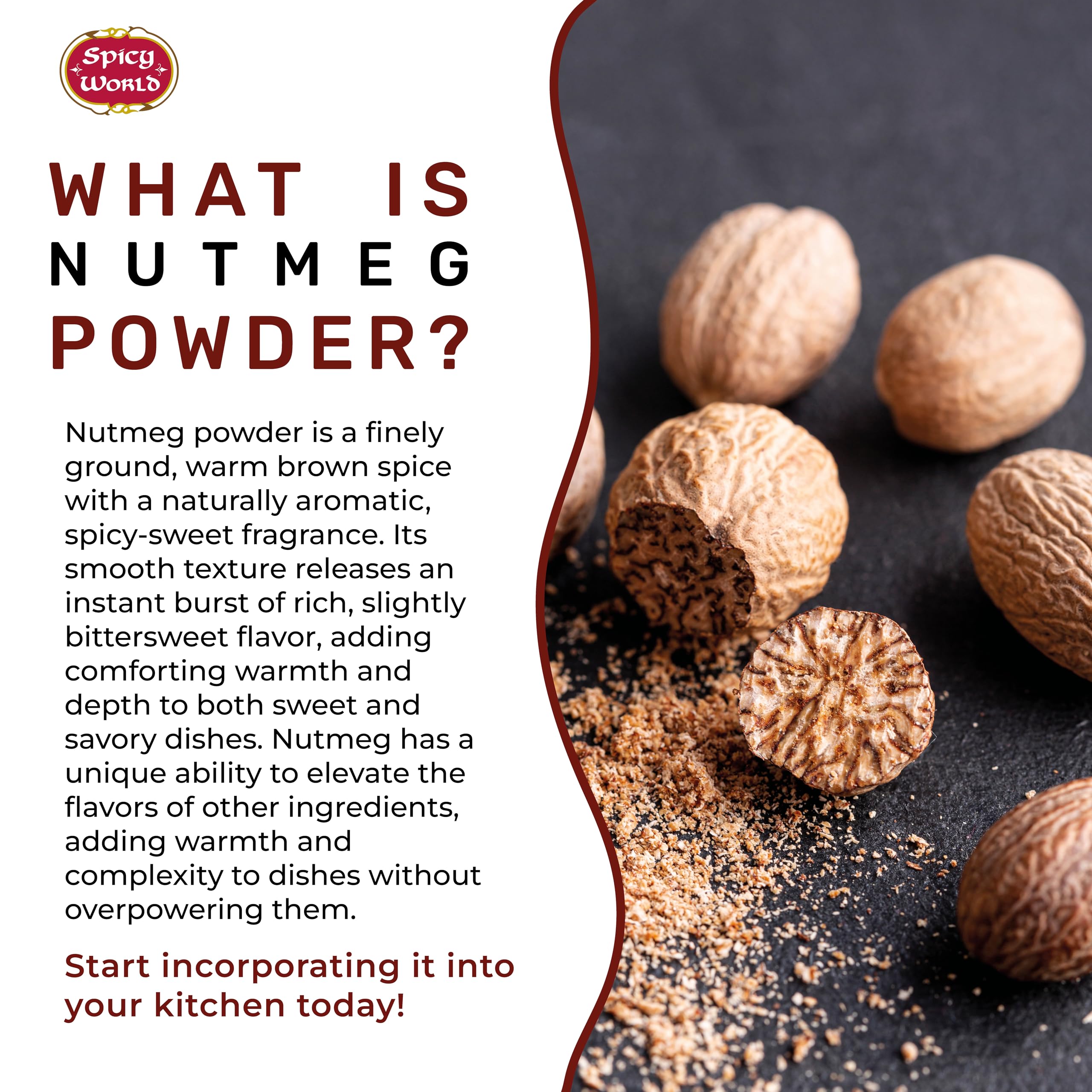 Measuring spoon with Spicy World nutmeg beside scale, illustrating precise portioning and consistent seasoning