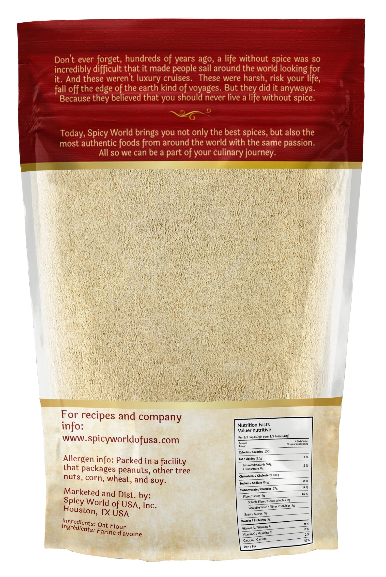 Spicy World 4 lb bag with resealable zipper keeping oat flour fresh longer