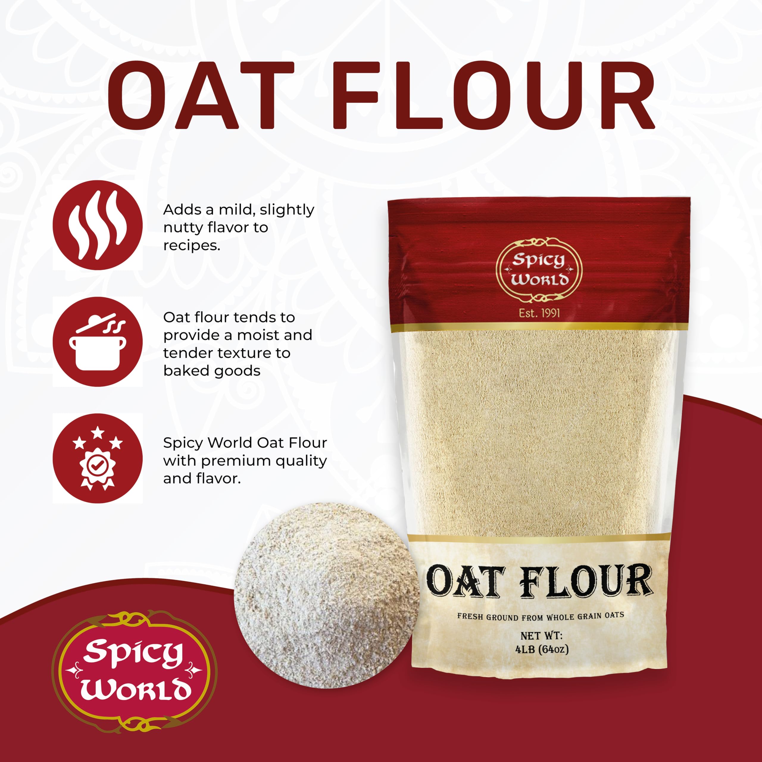 Close-up of Spicy World oat flour texture showing fine whole-grain consistency