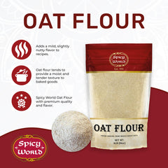 Close-up of Spicy World oat flour texture showing fine whole-grain consistency
