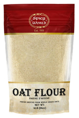 Spicy World front packaging of 4 lb oat flour showing brand and product benefit