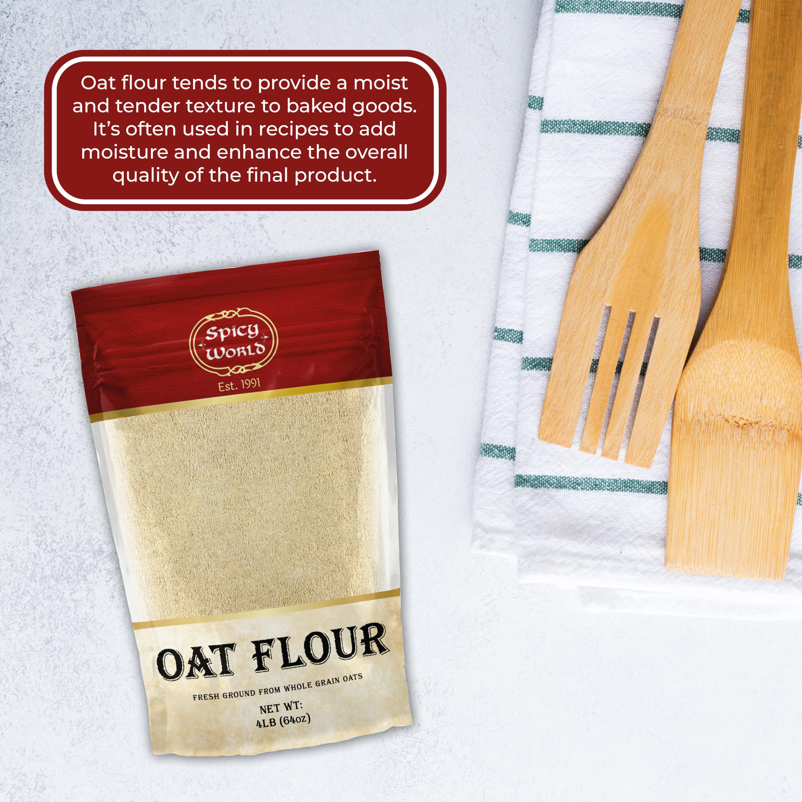 Spicy World oat flour stored on pantry shelf demonstrating organized storage