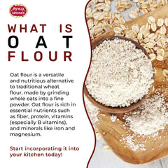 Wooden spoon scooping Spicy World oat flour from bowl for easy measuring