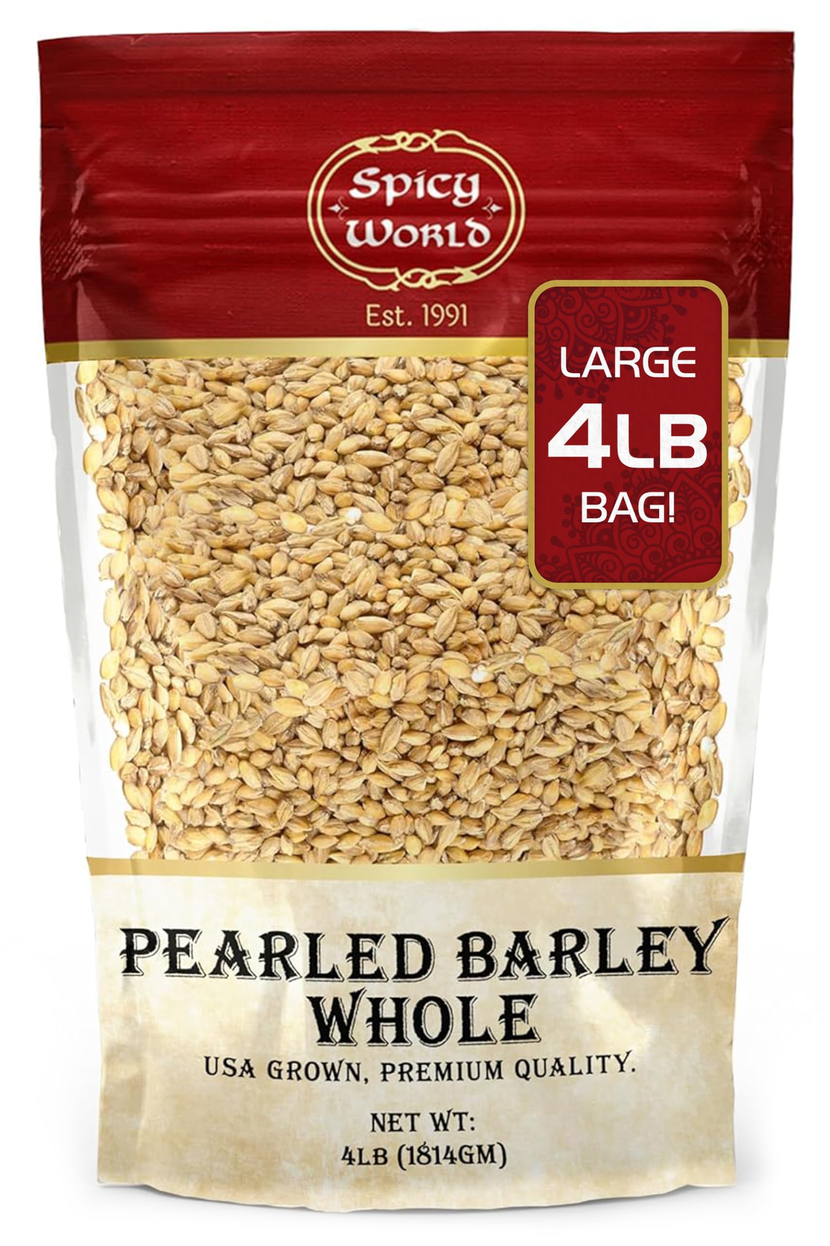Spicy World front packaging showing 4 lb bag and resealable convenience