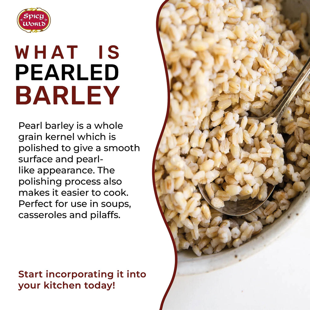 Spicy World cooked barley pilaf in bowl showing chewy texture benefit
