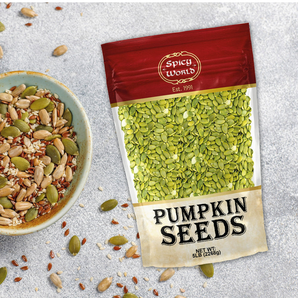 Spicy World pouring seeds onto salad to demonstrate easy topping and added crunch