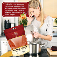 Spicy World powder being mixed into sauce for quick tomato flavor enhancement